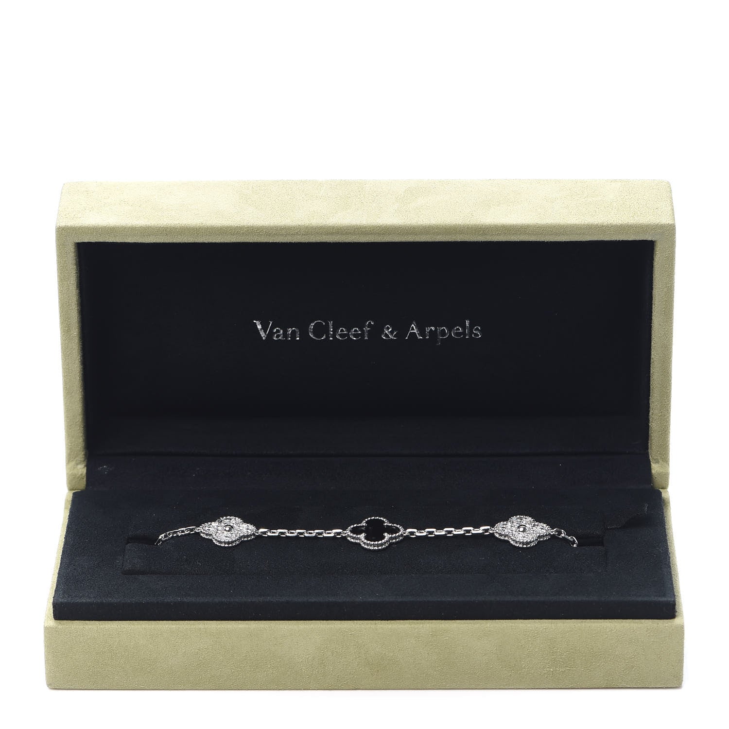 Van Cleef & Arpels 18K White Gold Diamond Black Onyx 5 Motifs Vintage Alhambra Bracelet 7 of 7