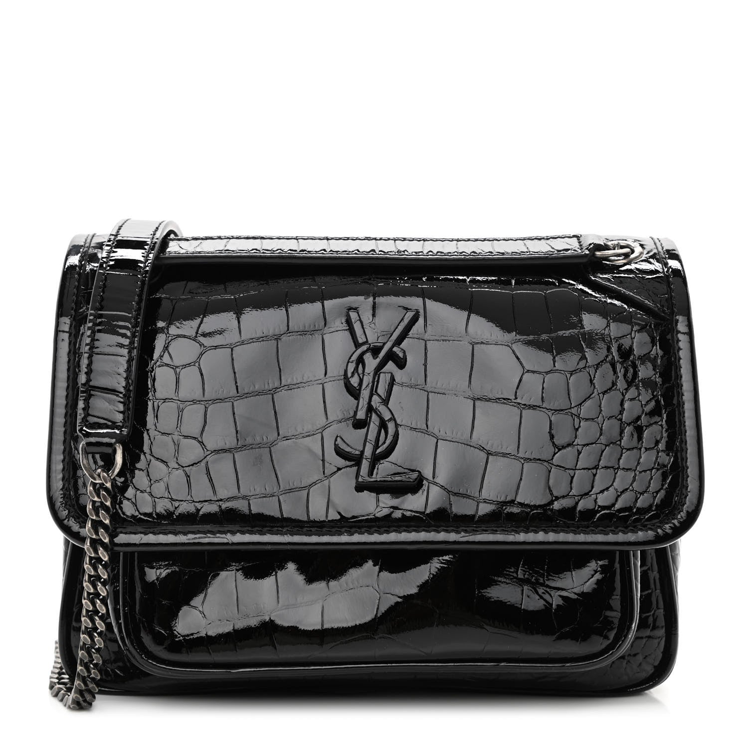Saint Laurent Calfskin Crocodile Embossed Matelasse Monogram Baby Niki Chain Satchel Black 1 of 10
