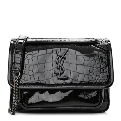 Saint Laurent Calfskin Crocodile Embossed Matelasse Monogram Baby Niki Chain Satchel Black 1 of 10
