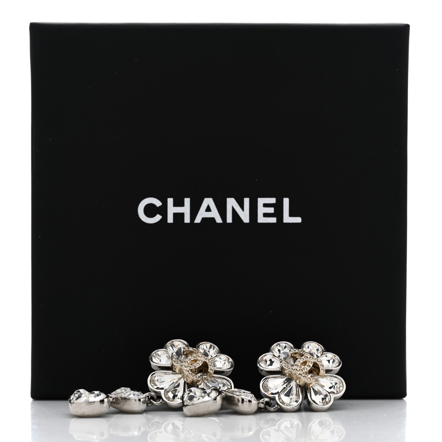 Chanel Crystal CC Clover Heart Drop Earrings Silver Gold 5 of 5