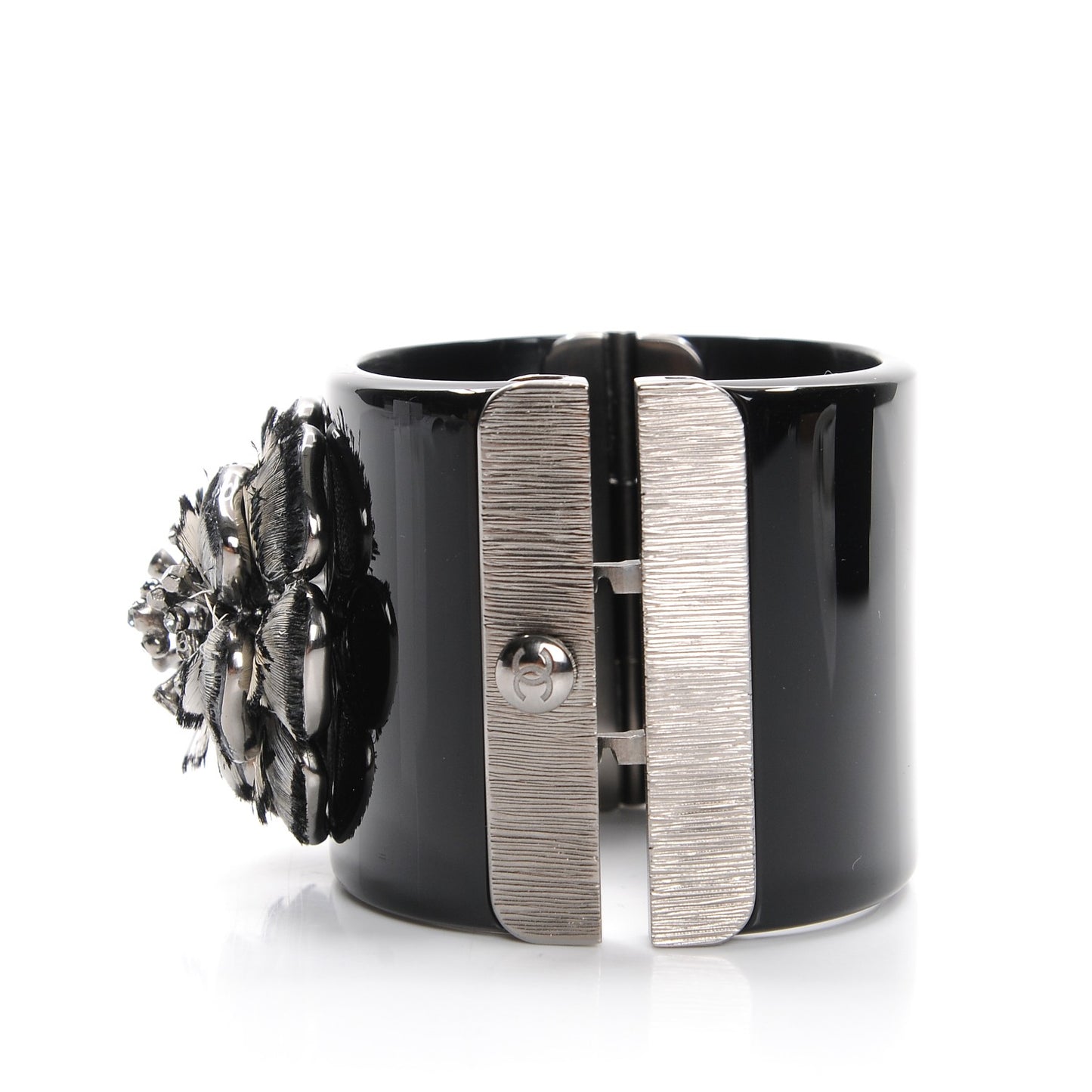 Resin Crystal Feather CC Camellia Wide Cuff Black
