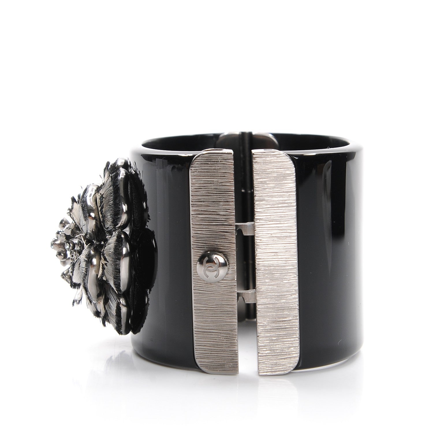 Chanel Resin Crystal Feather CC Camellia Wide Cuff Black 5 of 8