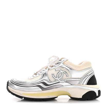Chanel Fabric Laminated Calfskin Stretch CC Sneakers 38.5 White Silver 1 of 7