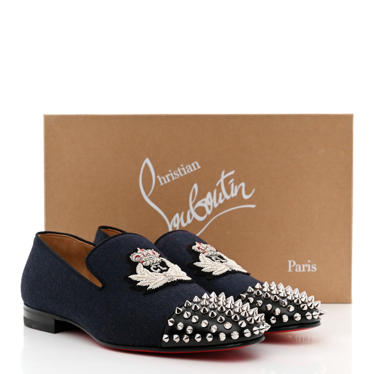 Christian Louboutin Calfskin Velvet Spikes Mens Captain Loubi Flat Loafers 41 Navy Black 8 of 8