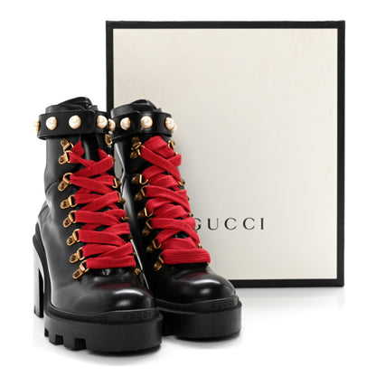 Gucci Magnum Calfskin Pearl Lace Up Combat Ankle Boots 38.5 Black 15 of 15