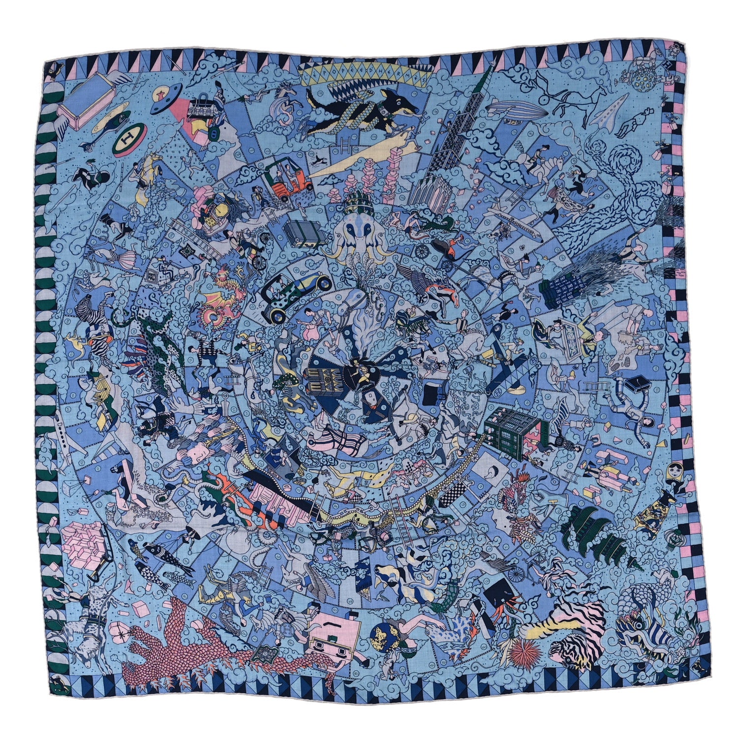Hermes Cashmere Silk L'Epopee D'Hermes Shawl 140 Bleu Ciel Rose Pale Jaune 1 of 3