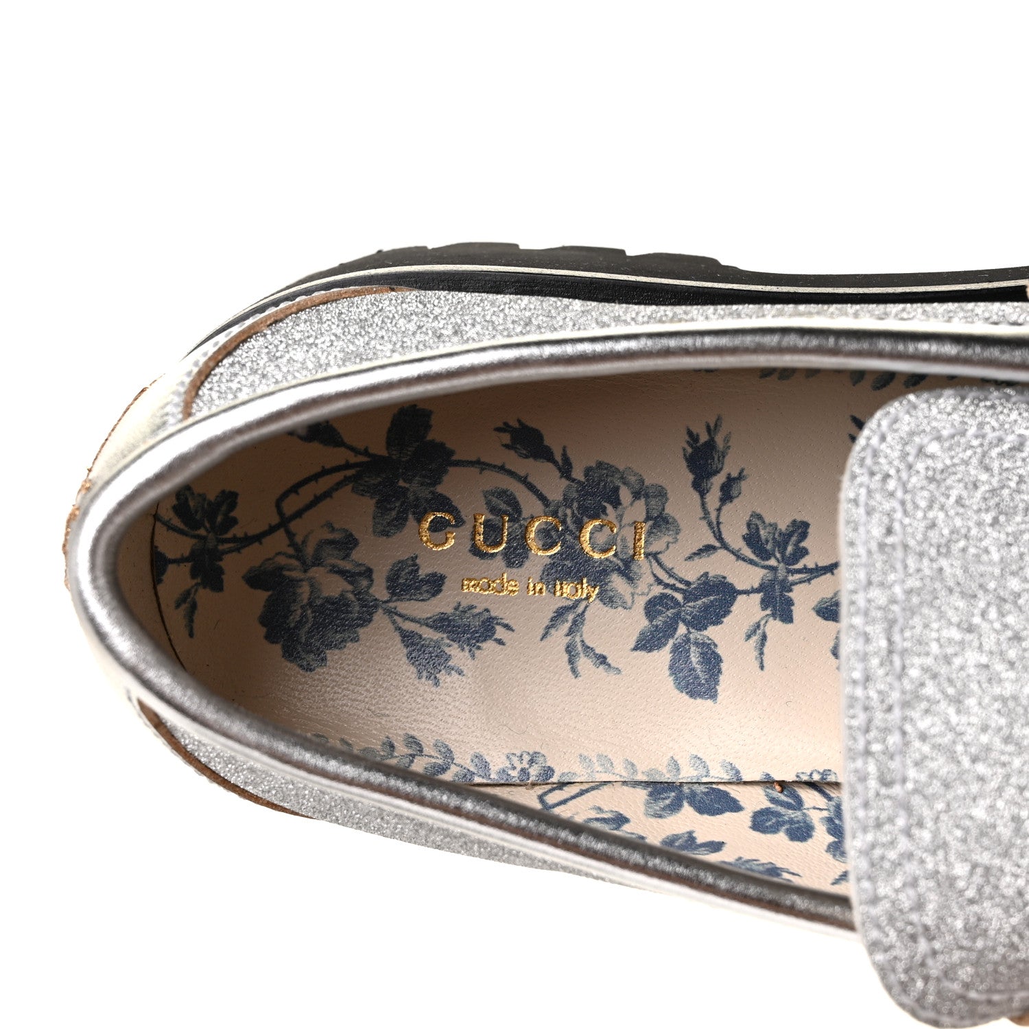 Gucci Mini Diamond Storm Silk Calfskin Womens Harald Horsebit 25mm Platform Loafers 38 Silver 9 of 11