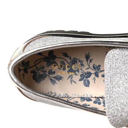 Gucci Mini Diamond Storm Silk Calfskin Womens Harald Horsebit 25mm Platform Loafers 38 Silver 9 of 11