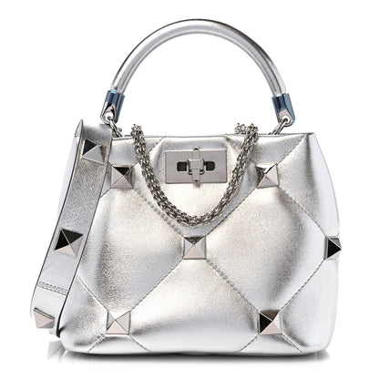 Valentino Garavani Metallic Nappa Small Roman Stud The Handle Bag Silver 1 of 9