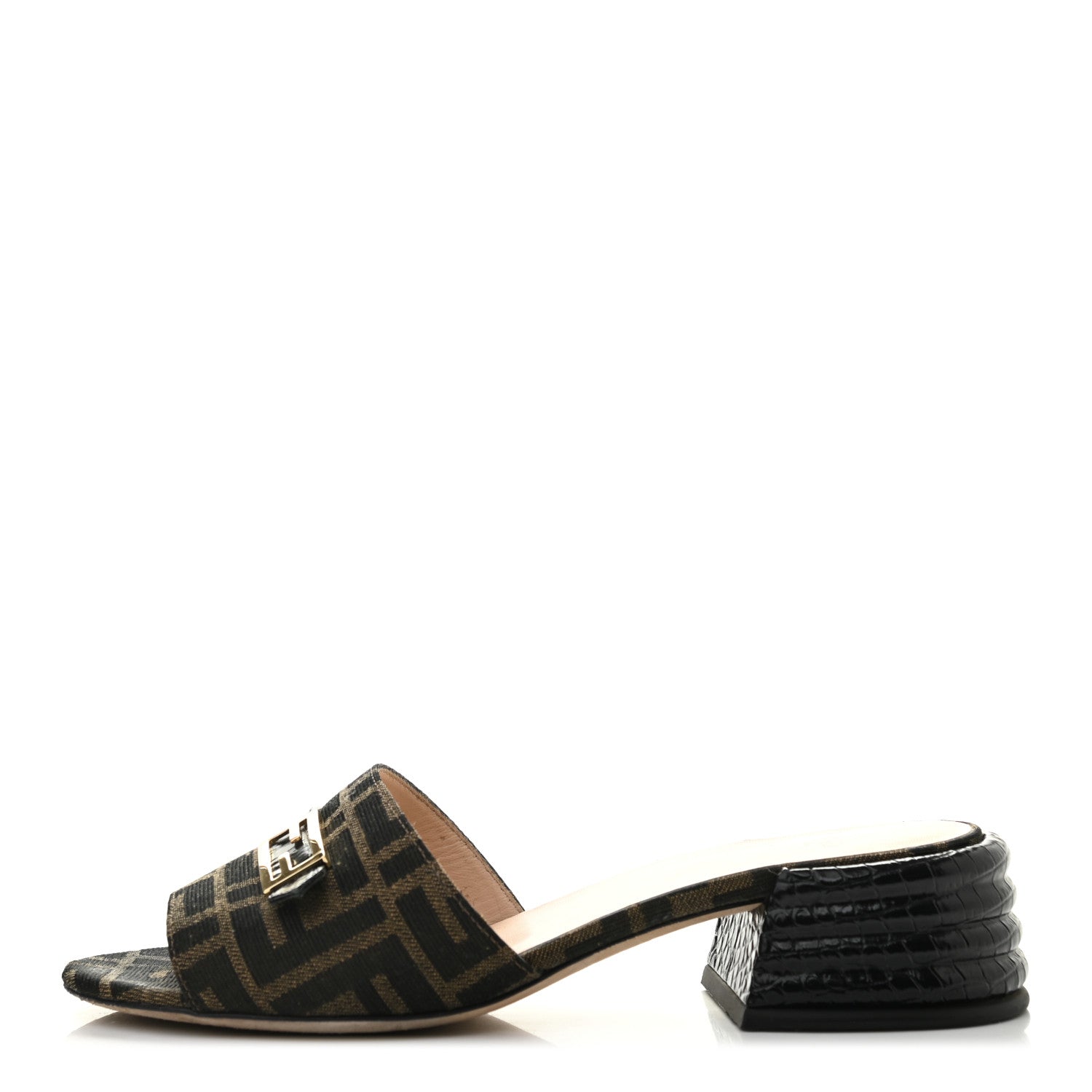 Fendi Jacquard Calfskin FF Crocodile Embossed Promenade Slide Sandals 38.5 Tobacco Moro Black 1 of 8