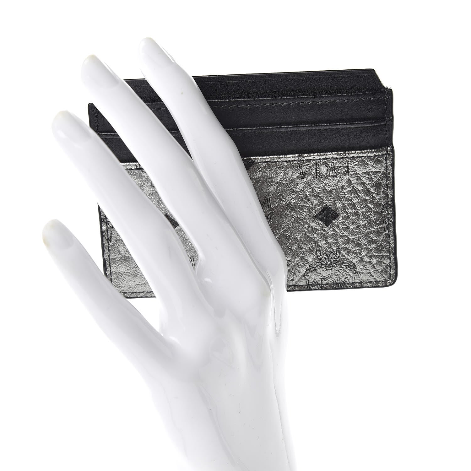 MCM Metallic Visetos Calfskin Card Case Silver Black 2 of 7