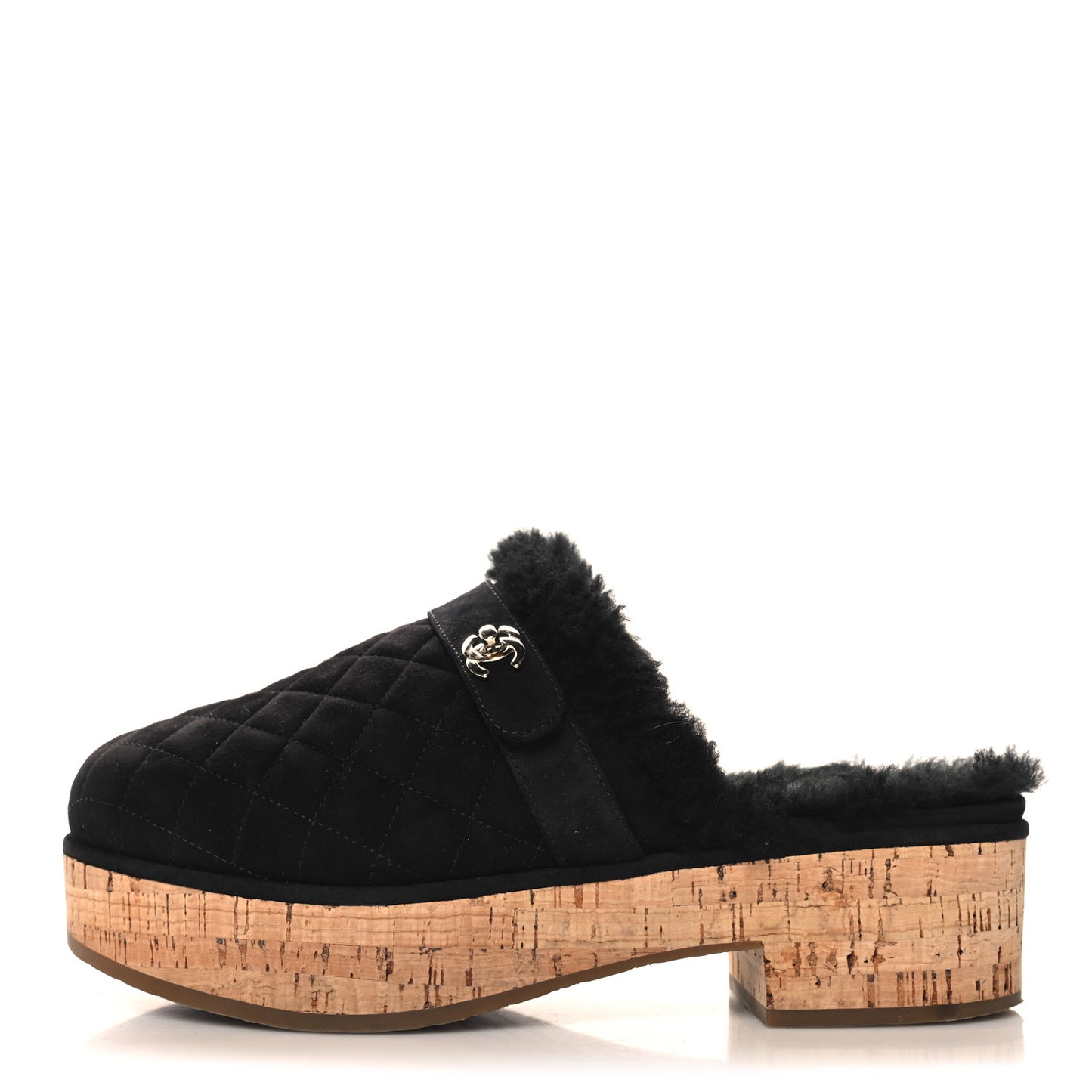 Suede Calfskin Shearling Turn Lock Clogs 40 Black