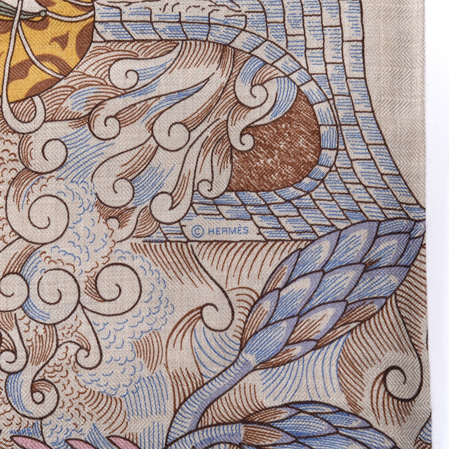 Hermes Cashmere Silk Cosmographia Universalis Shawl 140 Naturel Jaune Rose Pale 4 of 4