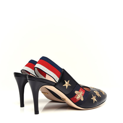 Gucci Calfskin Web Bee Star Embroidered Sylvie Mid Heel Slingback Pumps 35.5 Black 4 of 11