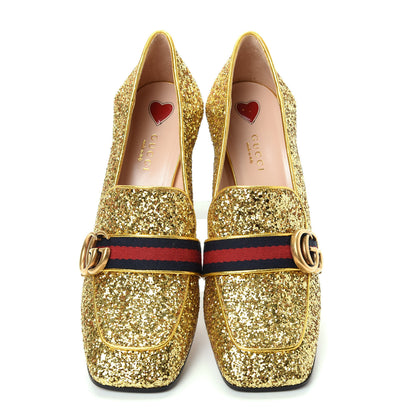 Gucci Glitter Nappa Web Peyton 75mm Loafer Pumps 38.5 Oro Vecchio 5 of 11