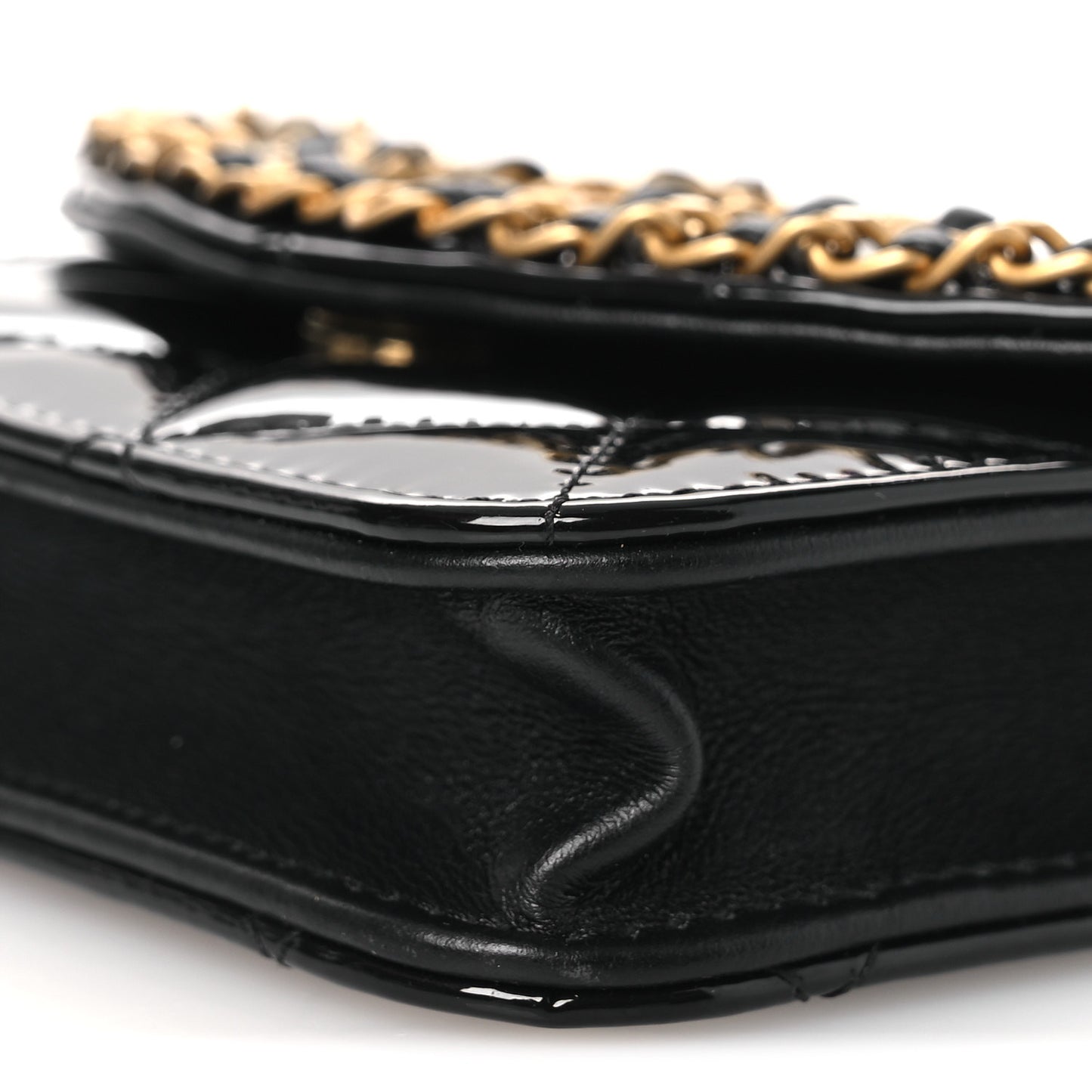 Patent Quilted Chain Around Heart Mini Chain Flap Black