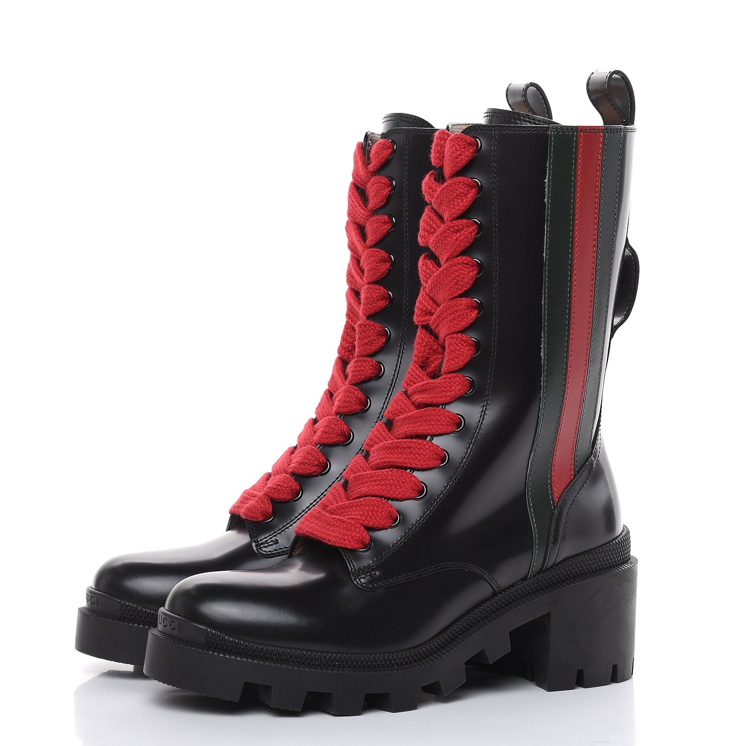 Gucci Magnum Calfskin Cirano Lux Web Lace Up Tall Combat Boots 35.5 Black Verde Hibiscus Red 3 of 8
