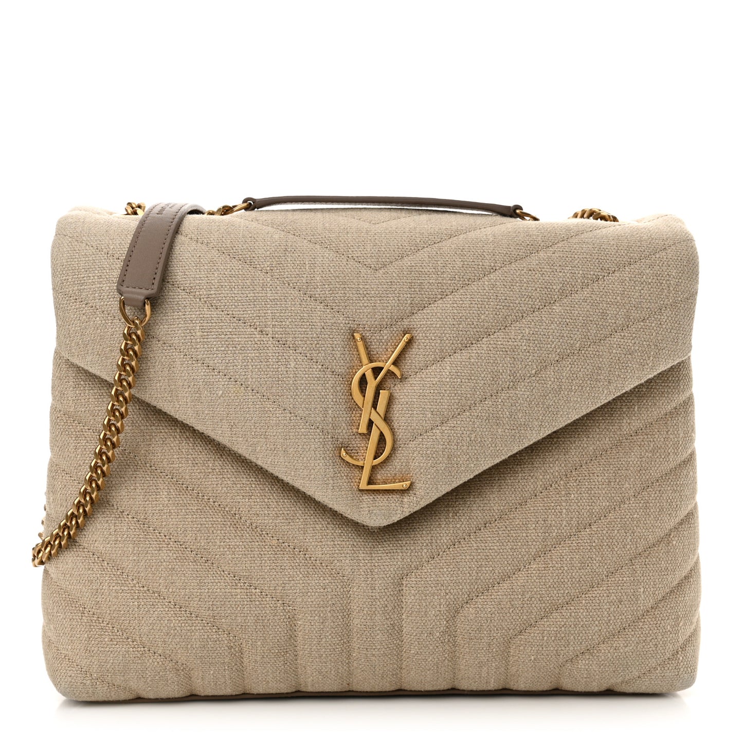Linen Y Quilted Monogram Medium Loulou Chain Satchel Natural Taupe