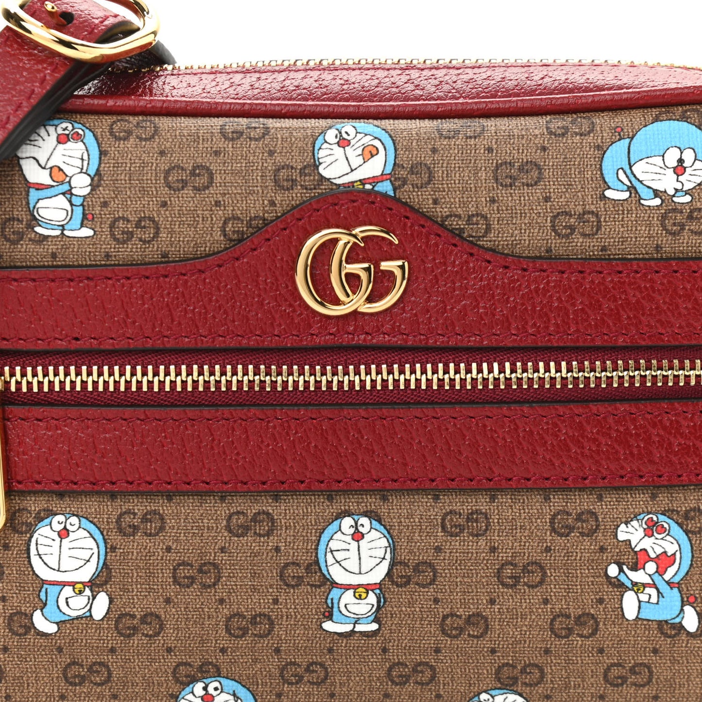 X DORAEMON Mini Vintage GG Supreme Monogram Camera Bag Beige Cherry Red
