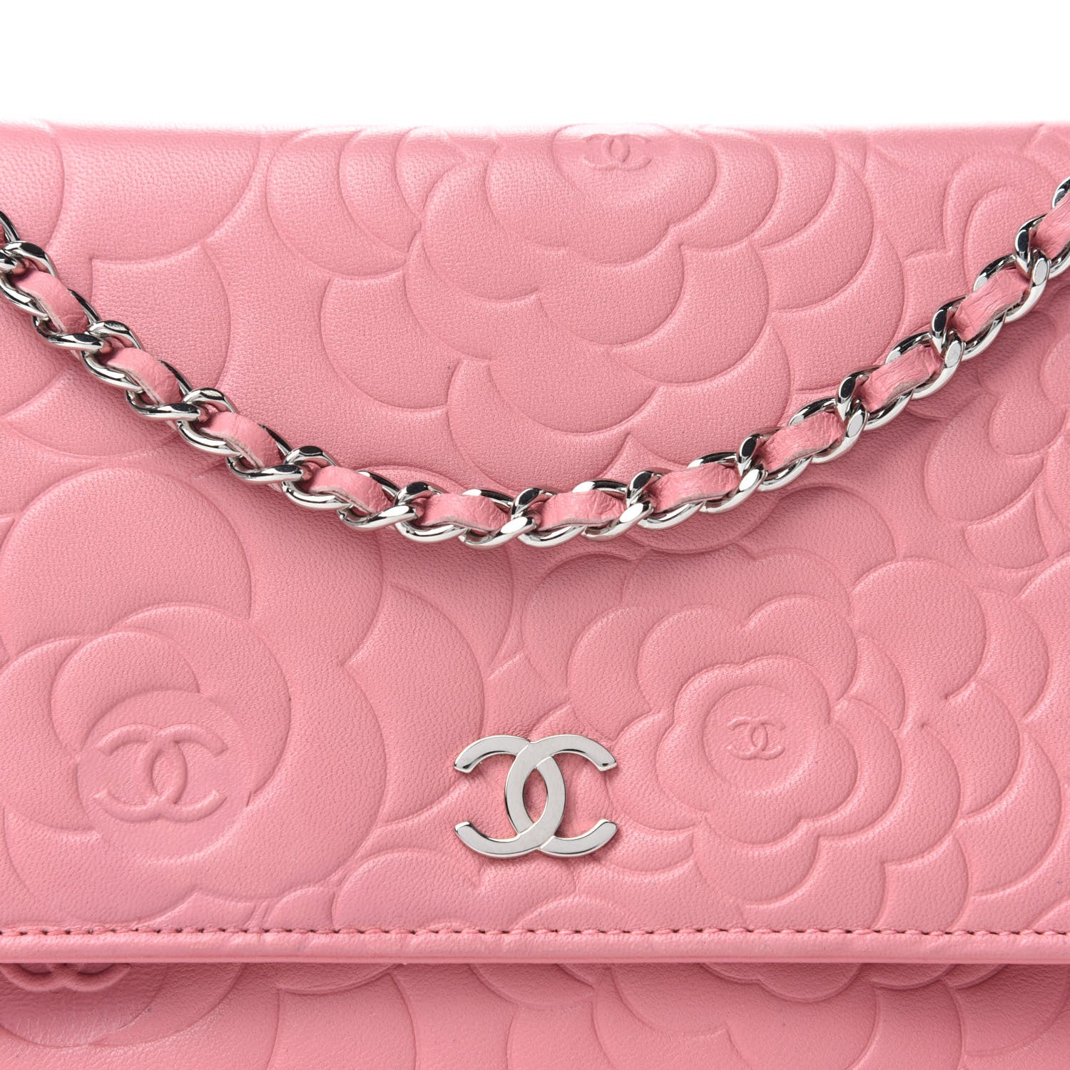 Chanel Lambskin Camellia Embossed Wallet On Chain WOC Pink 11 of 11