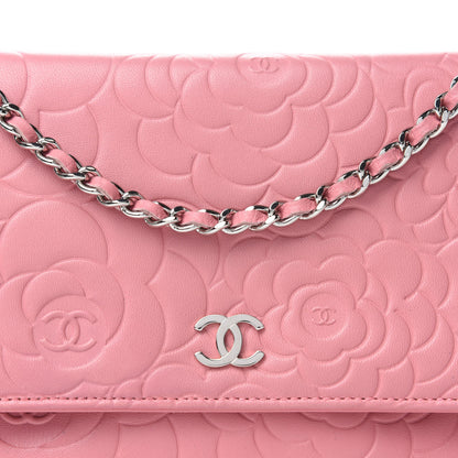 Chanel Lambskin Camellia Embossed Wallet On Chain WOC Pink 11 of 11