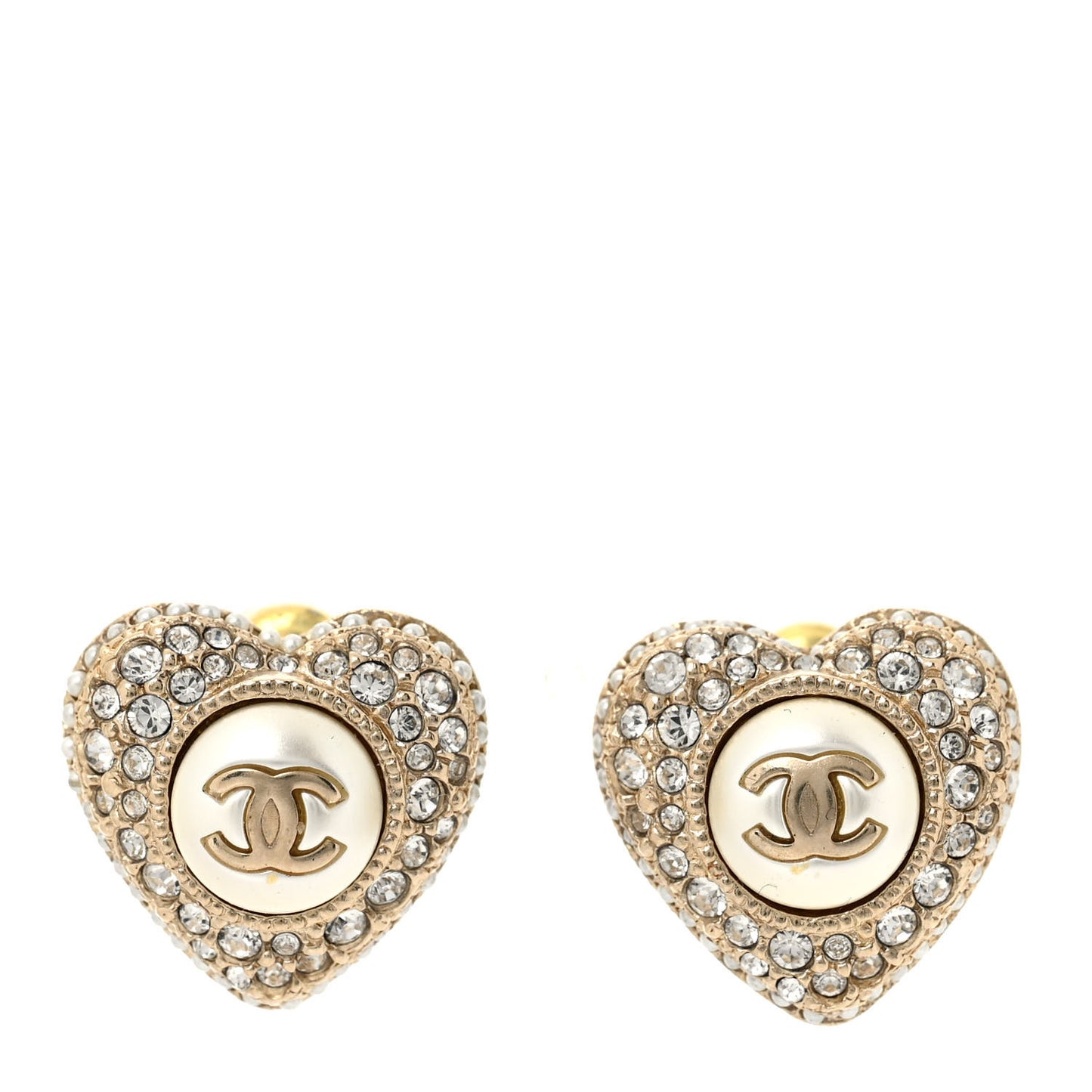 Pearl Crystal CC Heart Earrings Gold White