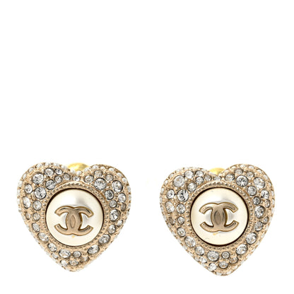 Chanel Pearl Crystal CC Heart Earrings Gold White 1 of 4