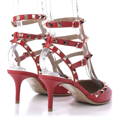 Valentino Garavani Pebbled Calfskin Rockstud Ankle Strap Low Heel Pumps 37 Rosso 4 of 9