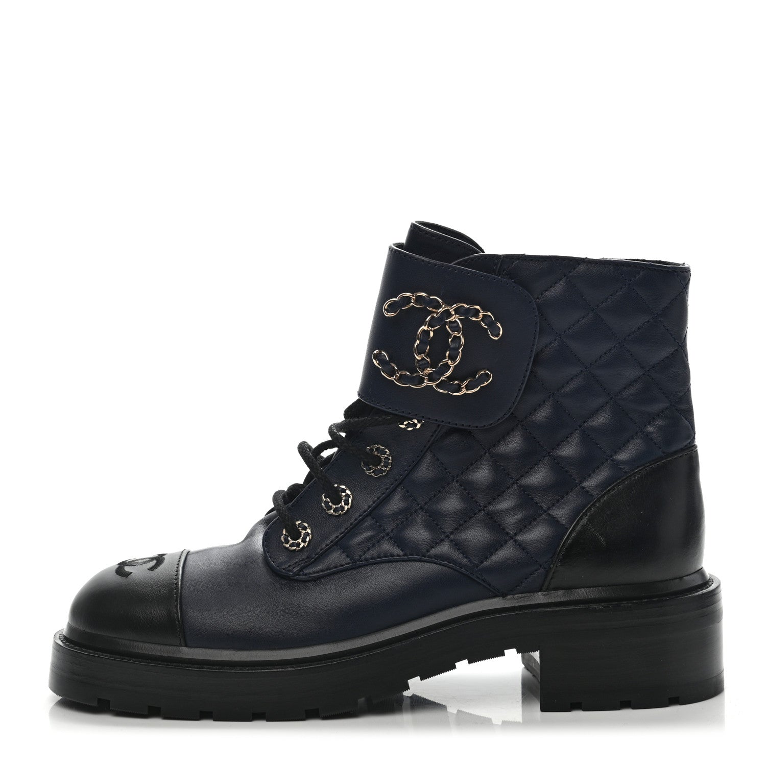 Chanel Lambskin Calfskin Quilted Lace Up Combat Boots 39 Navy Black 1 of 11