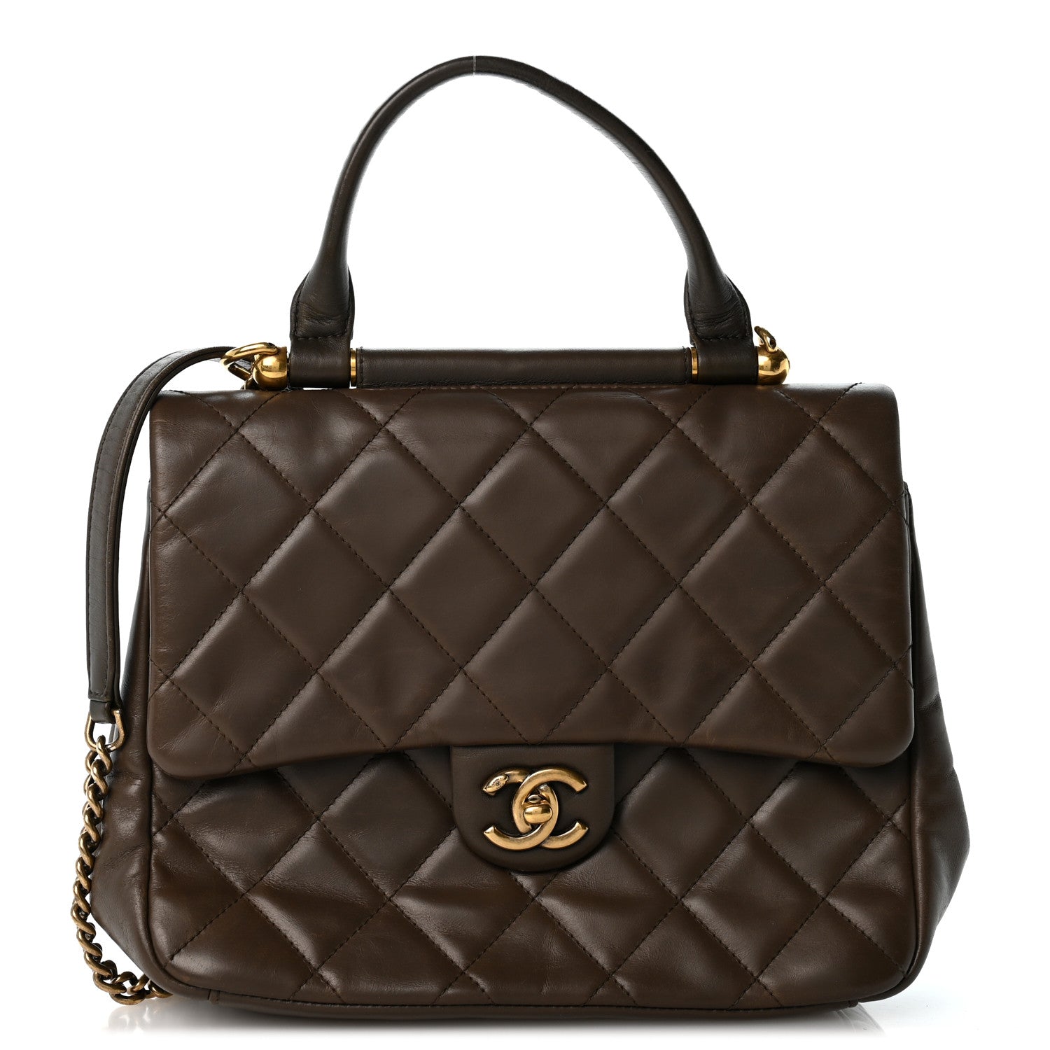 Chanel Calfskin Quilted Medium Gold Bar Top Handle Flap Dark Khaki 1 of 14