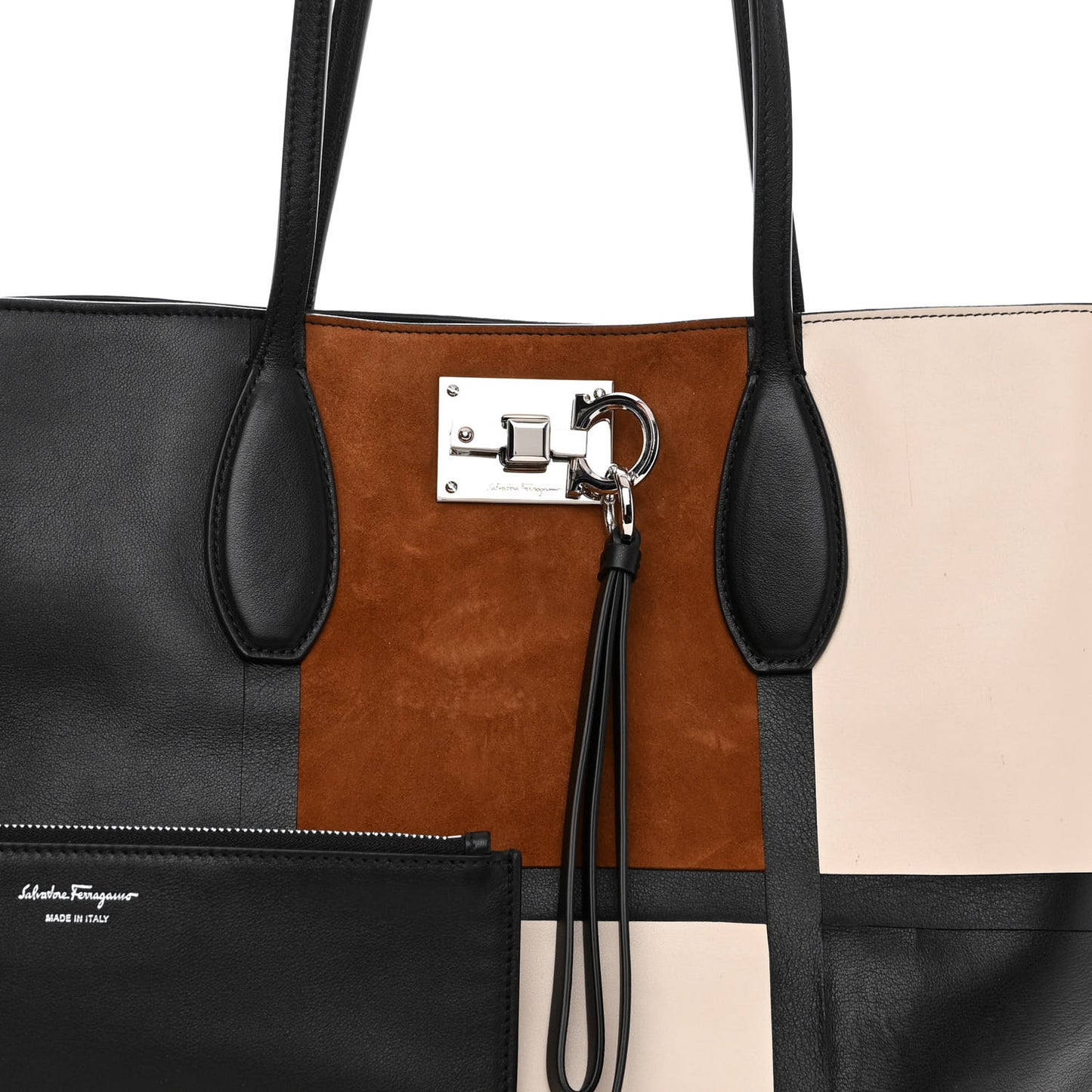 Calfskin Suede Patchwork Studio Tote Black White Brown