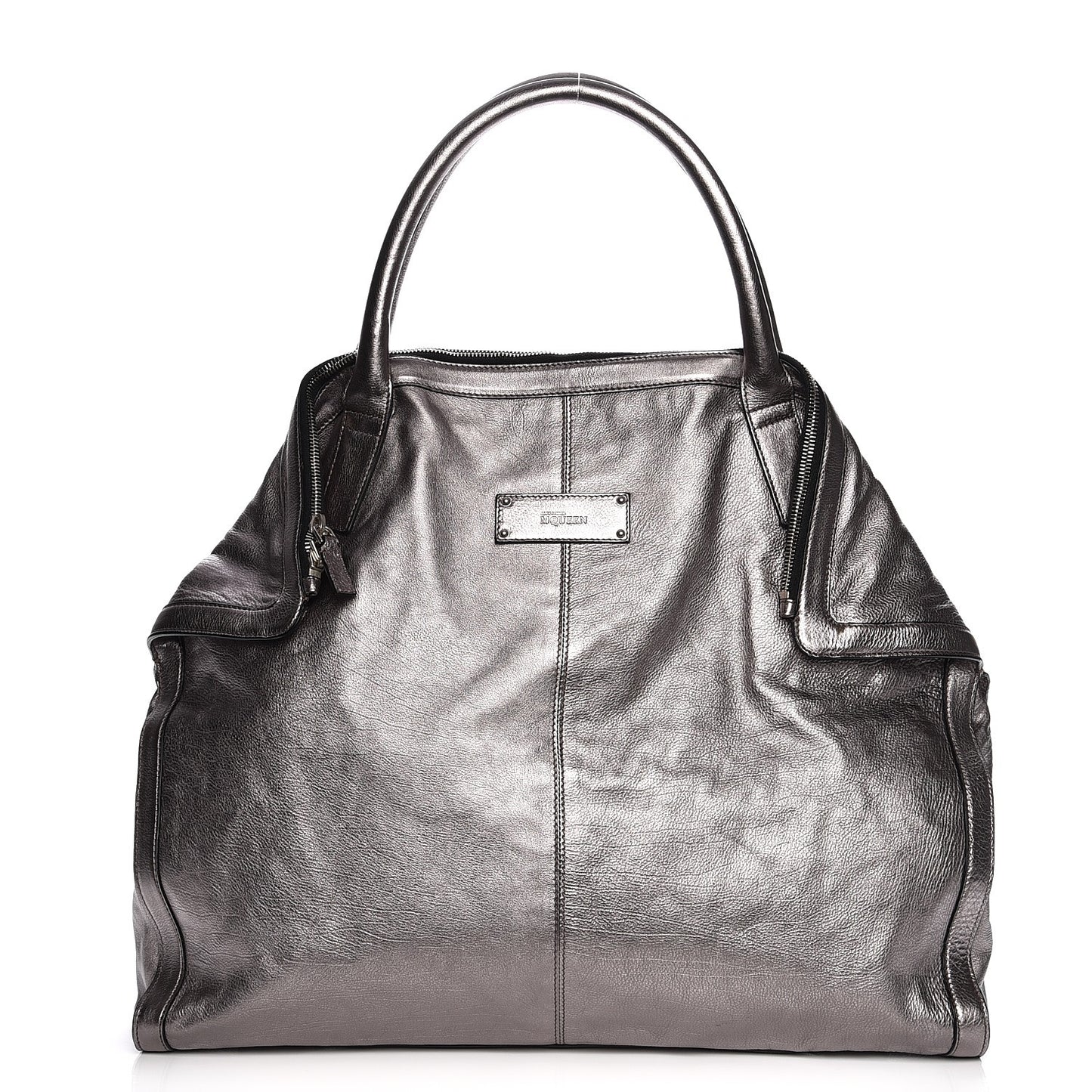 Metallic Lambskin Large De Manta Tote Dark Silver
