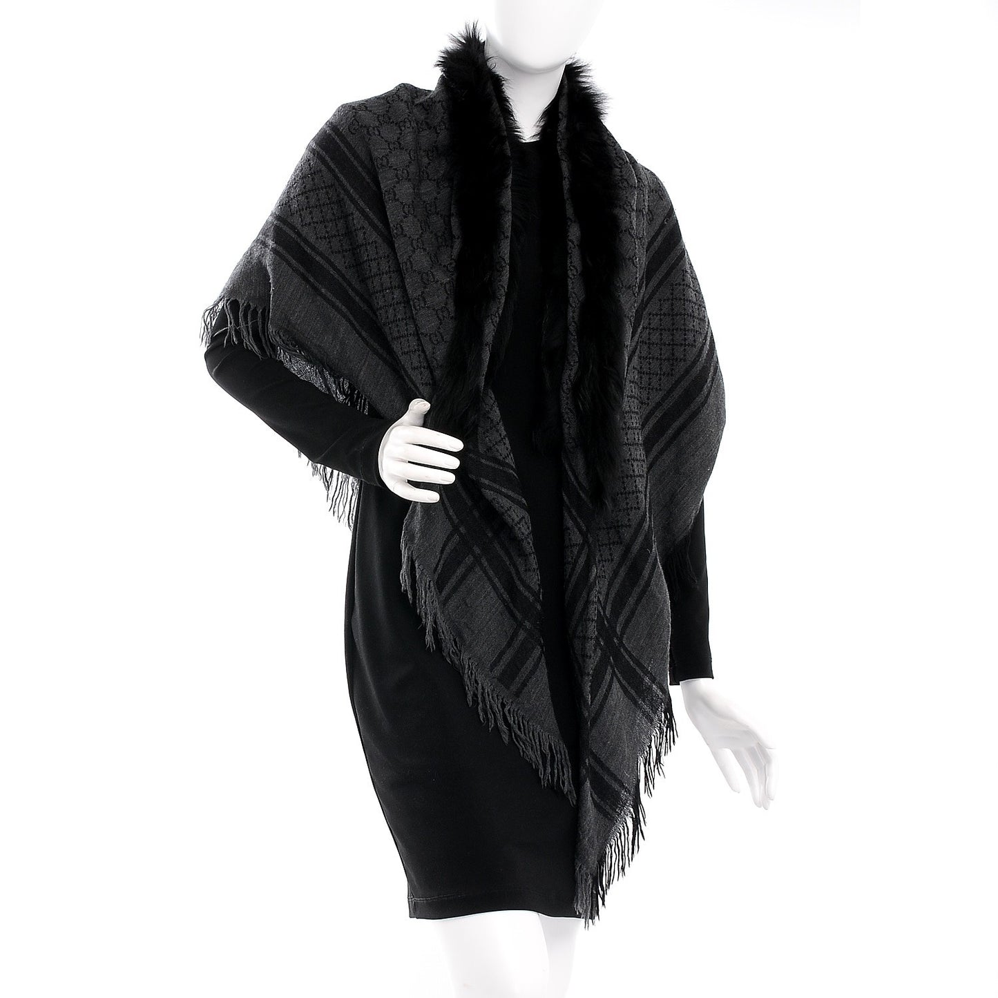 Wool Silk Fox Fur Monogram Shawl Scarf Black