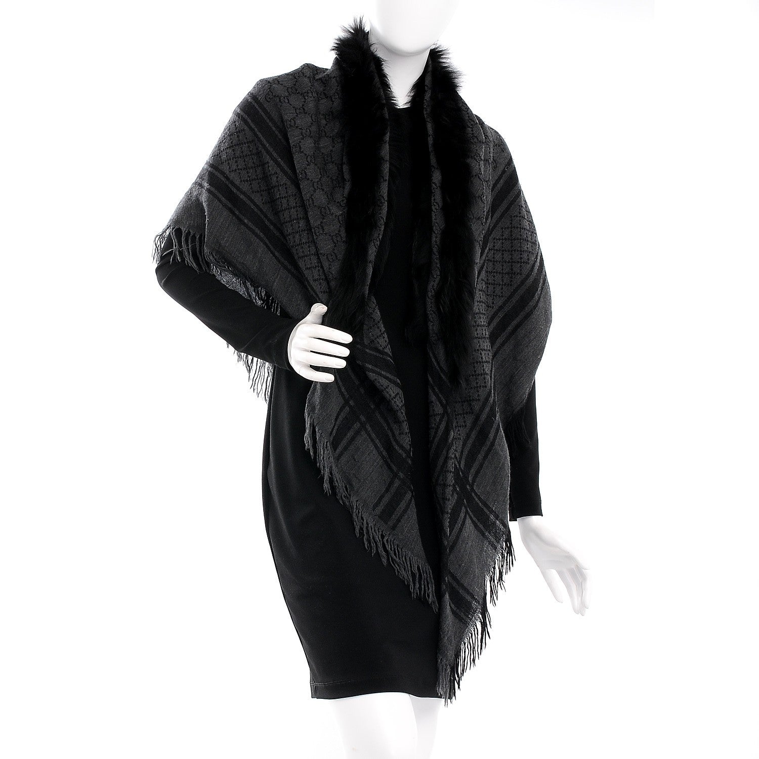 Gucci Wool Silk Fox Fur Monogram Shawl Scarf Black 2 of 8