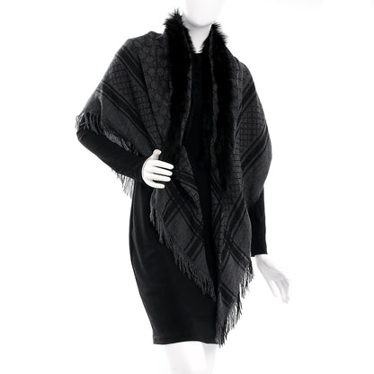 Gucci Wool Silk Fox Fur Monogram Shawl Scarf Black 2 of 8