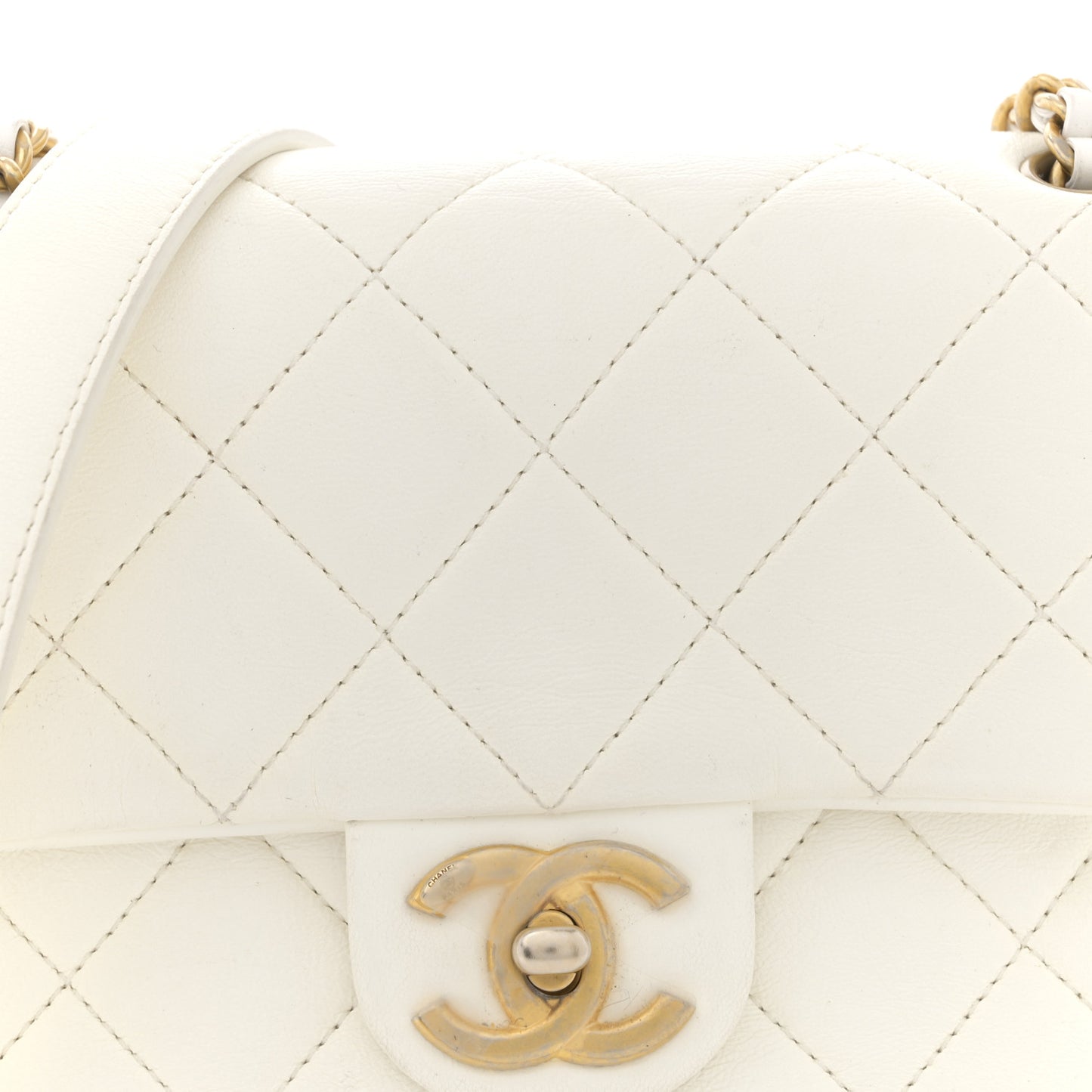 Shiny Lambskin Quilted Mini Flap White