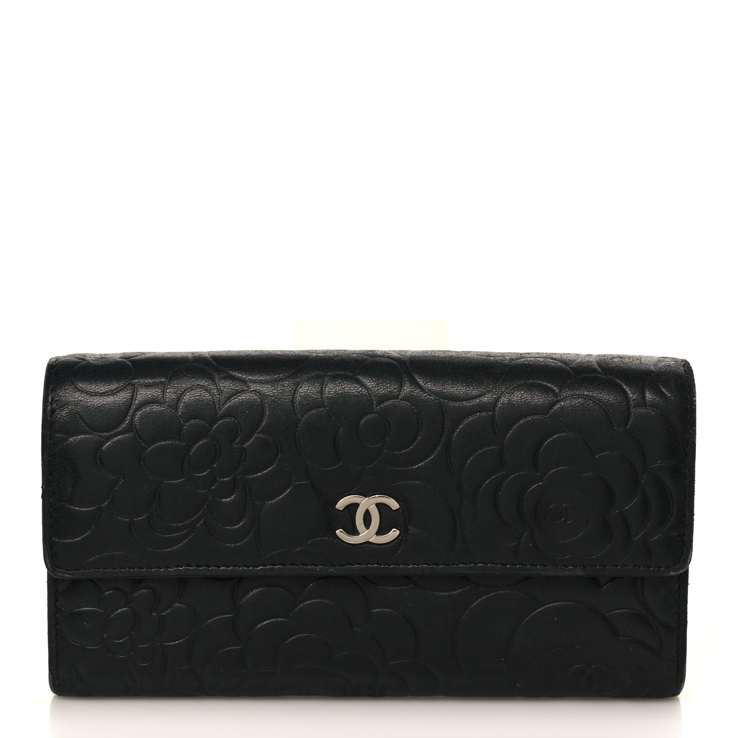 Lambskin Camellia Embossed Large Flap Wallet Black