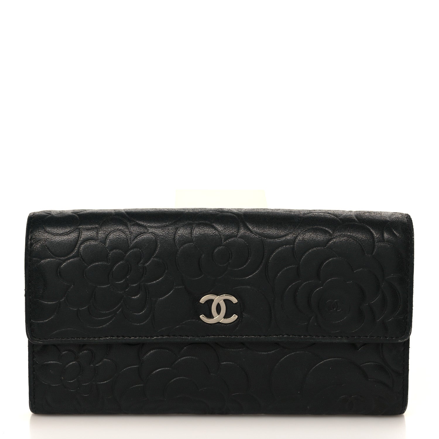 Chanel Lambskin Camellia Embossed Large Flap Wallet Black 1 of 11