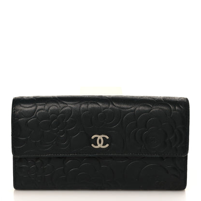 Chanel Lambskin Camellia Embossed Large Flap Wallet Black 1 of 11