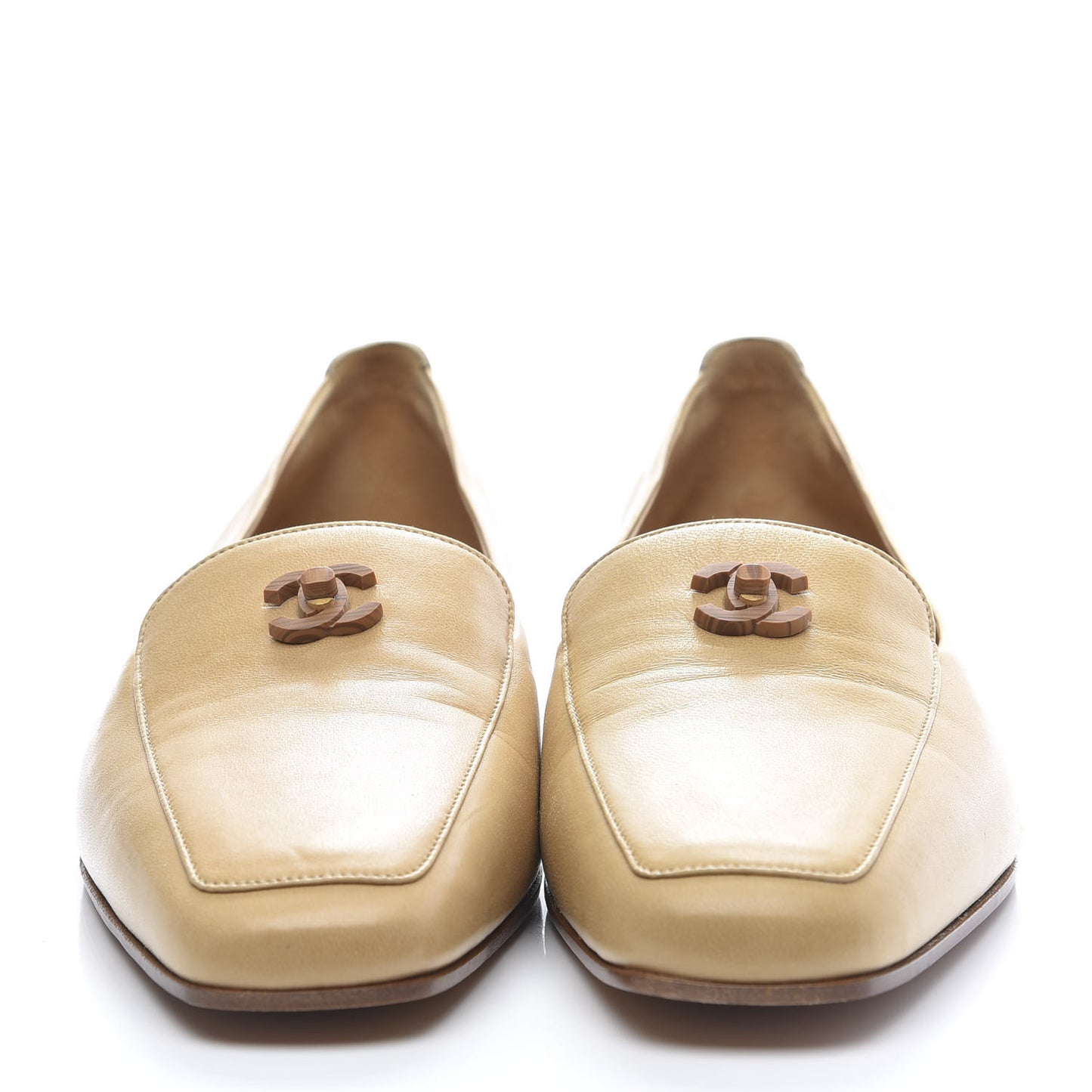Lambskin CC Wooden Turnlock Loafers 37.5 Biege
