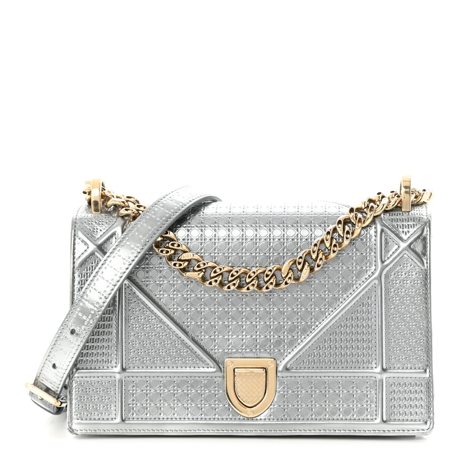Christian Dior Metallic Patent Micro-Cannage Small Diorama Flap Bag Silver 1 of 13