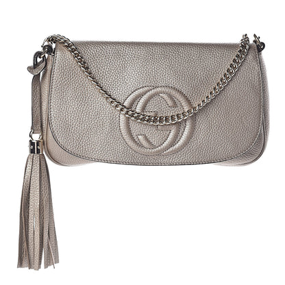 Gucci Metallic Pebbled Calfskin Medium Soho Flap Crossbody Golden Beige 1 of 9