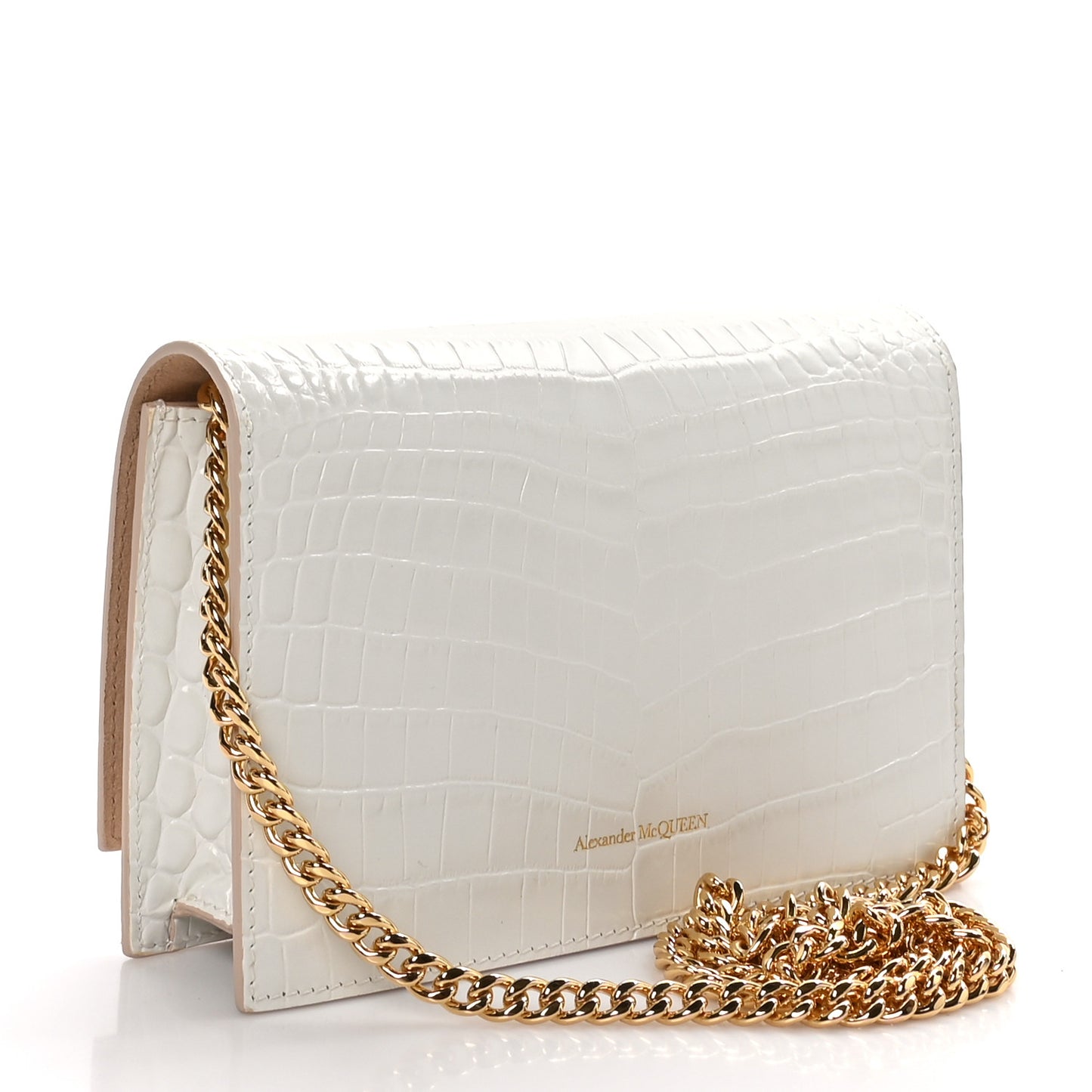 ALEXANDER MCQUEEN Calfskin Crocodile Embossed Skull Mini Crossbody Bag White
