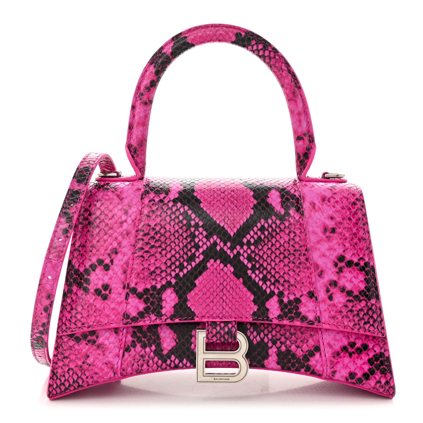 Shiny Calfskin Python Effect Small Hourglass Top Handle Bag Fuchsia Black