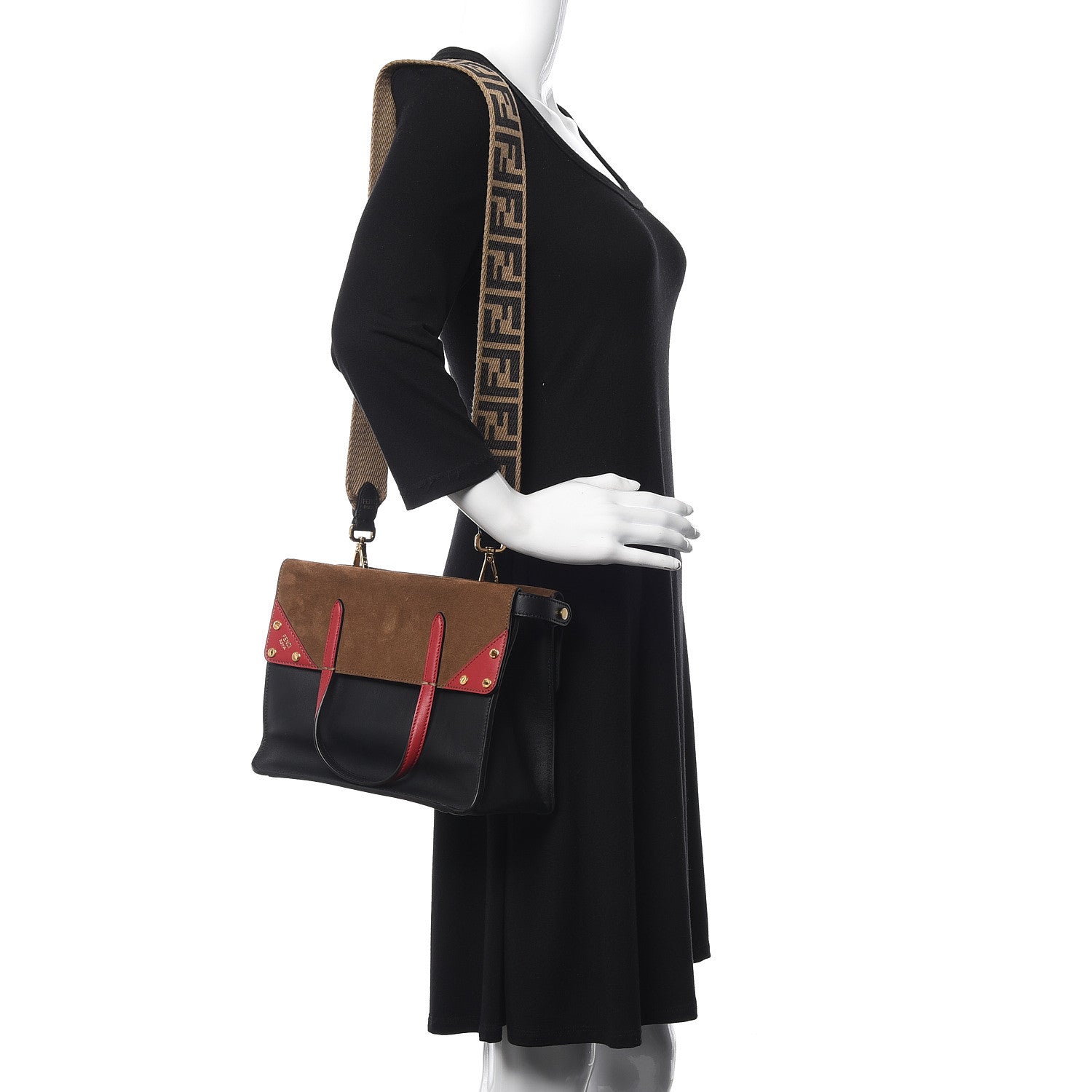 Fendi Vitello Grace Suede Small Flip Tote Black Fragola Marrone 2 of 9