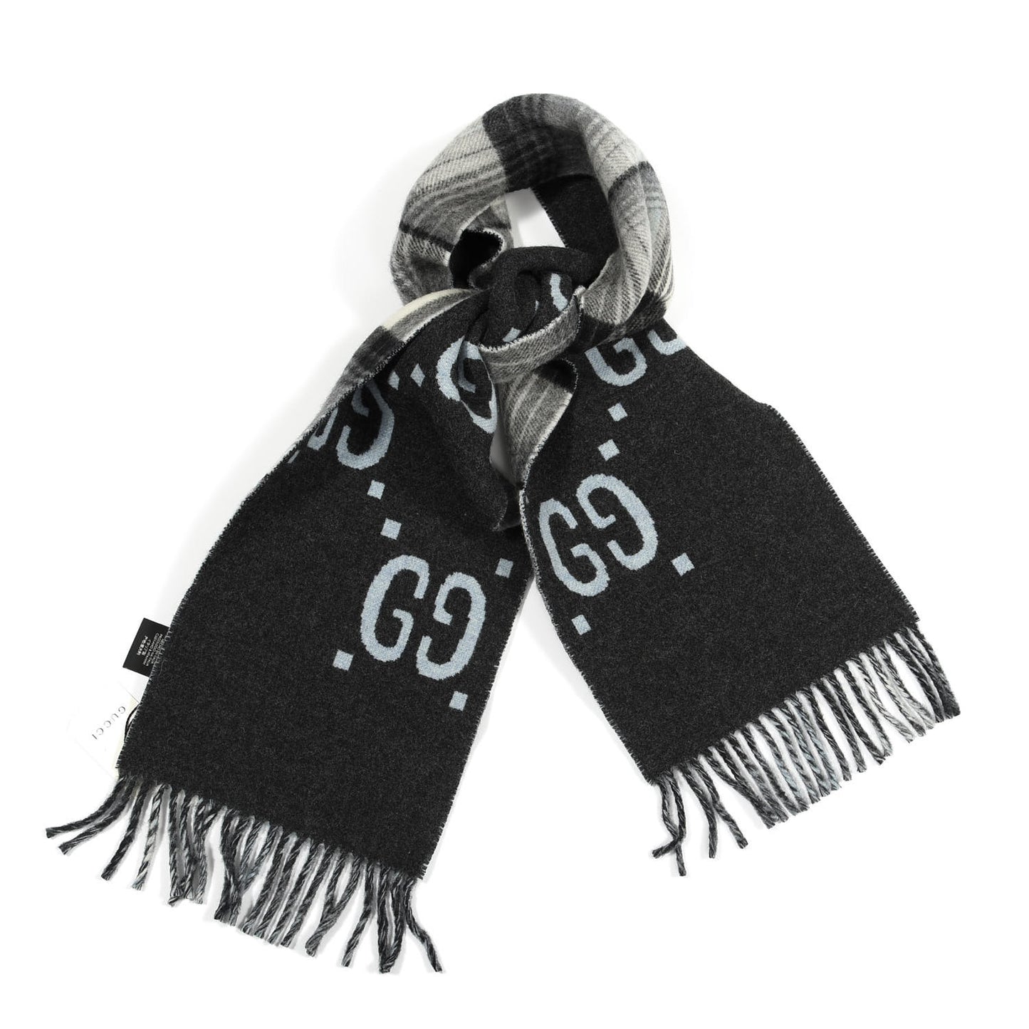 Wool GG Monogram Plaid Tartan Free Scarf Grey