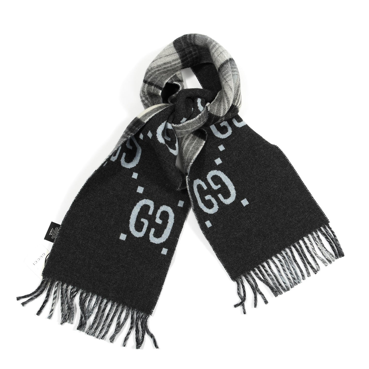 Gucci Wool GG Monogram Plaid Tartan Free Scarf Grey 1 of 3