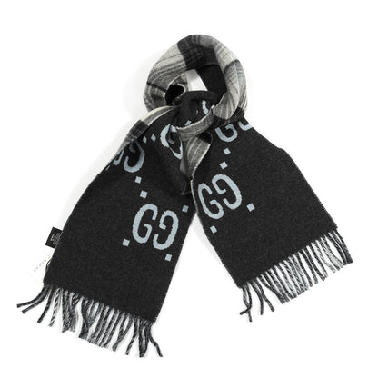 Gucci Wool GG Monogram Plaid Tartan Free Scarf Grey 1 of 3