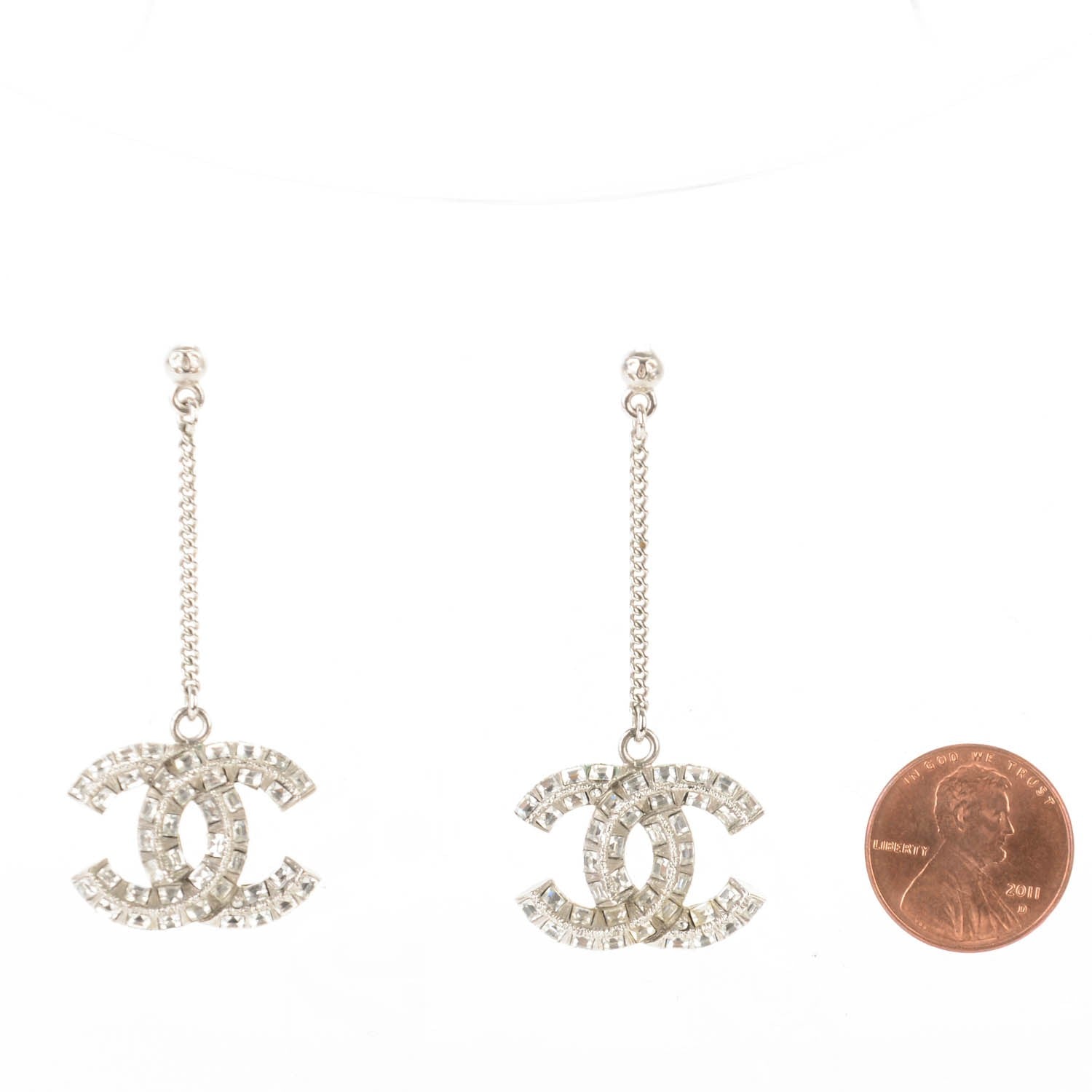 Chanel Baguette Crystal CC Drop Earrings Silver 2 of 3