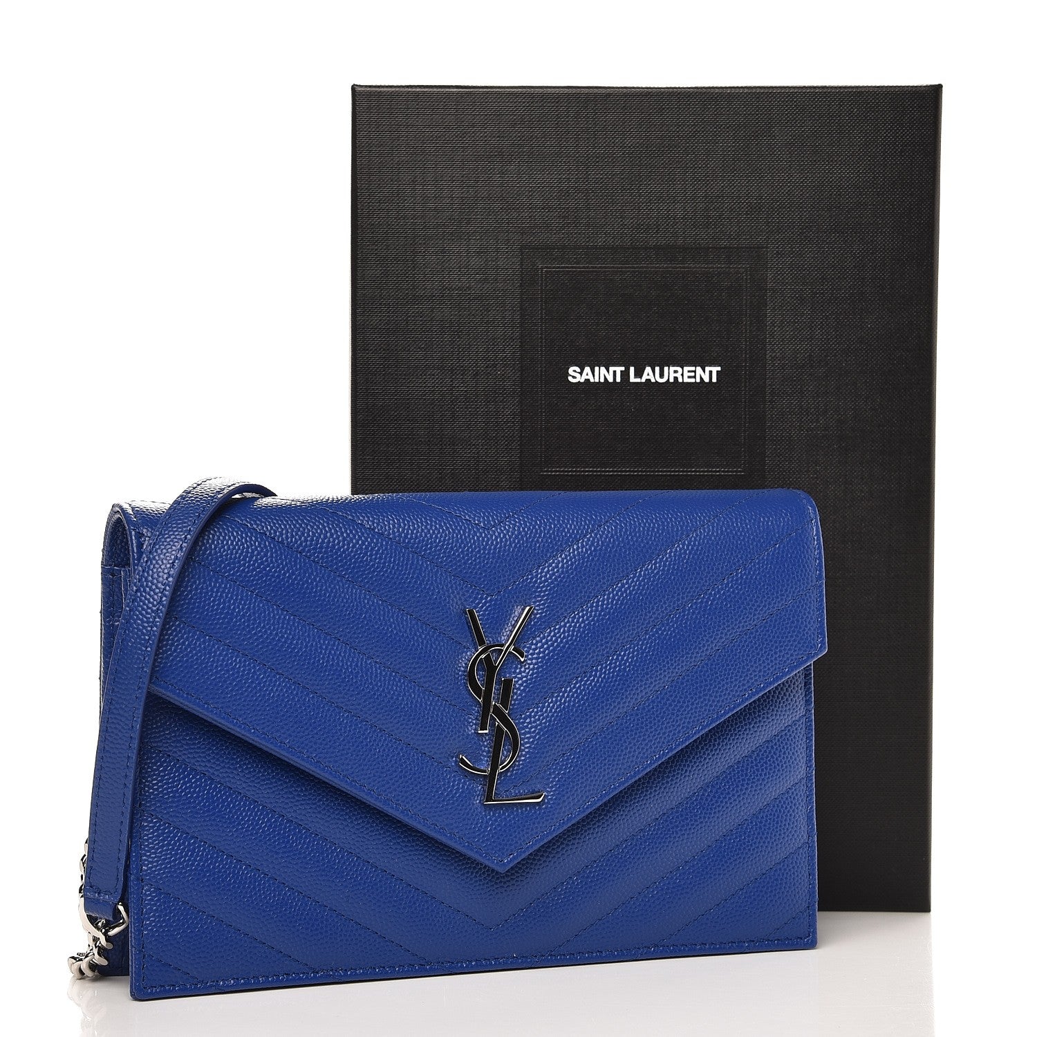Saint Laurent Grain De Poudre Matelasse Chevron Monogram Envelope Chain Wallet Royal Blue 8 of 8